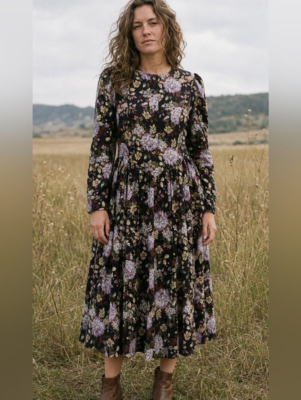 Vintage Laura Ashley Dress 8 Black Floral Cotton Wool Drop Waist Great Britain